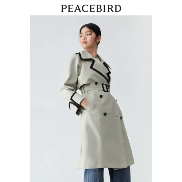 # PEACEBIRD Patchwork Contrast Color Long Trench Coat Women's Spring Double Breasted Trench Coat and Overcoat Women