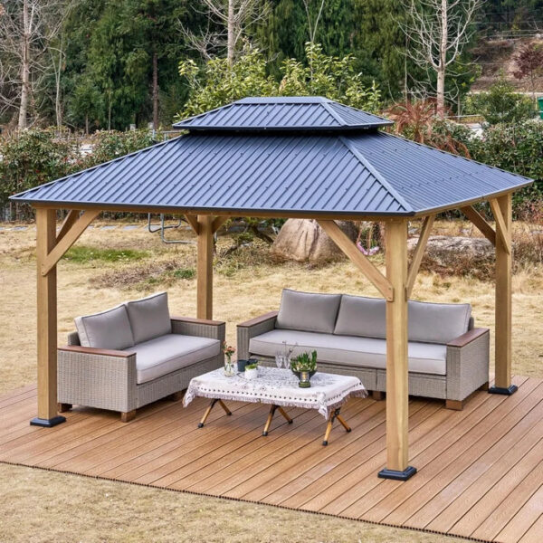 10' X 12' Hardtop Gazebo,Aluminum Frame Outdoor Gazebo with Iron Roof Double Roof, Wood Gazebo for Patio, Backyard, Lawns - Image 10