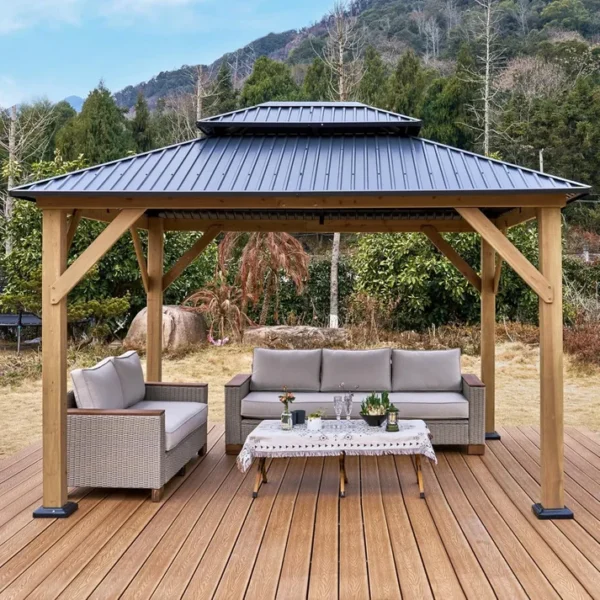 10' X 12' Hardtop Gazebo,Aluminum Frame Outdoor Gazebo with Iron Roof Double Roof, Wood Gazebo for Patio, Backyard, Lawns - Image 9