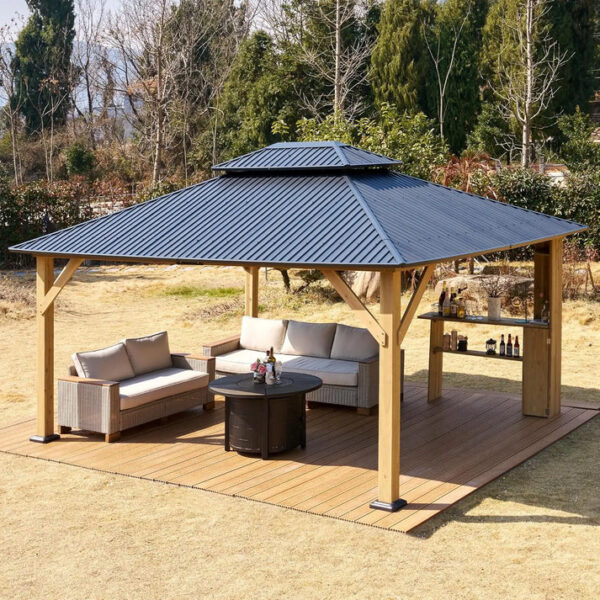 10' X 12' Hardtop Gazebo,Aluminum Frame Outdoor Gazebo with Iron Roof Double Roof, Wood Gazebo for Patio, Backyard, Lawns - Image 2