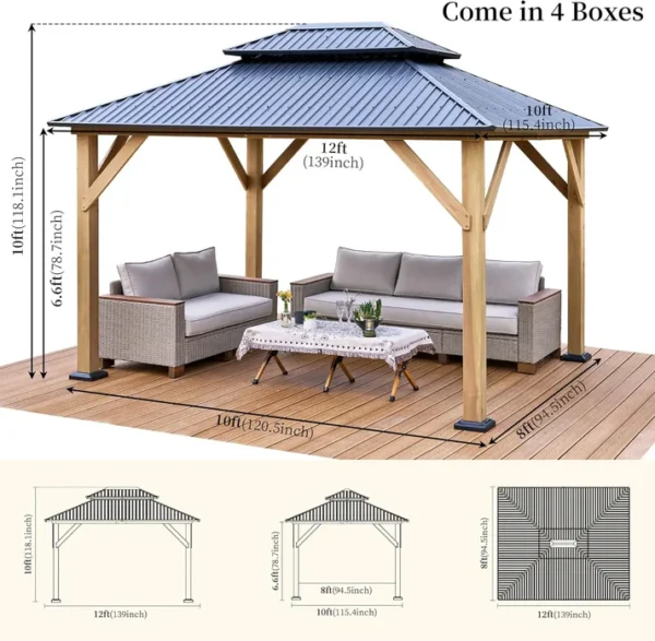 10' X 12' Hardtop Gazebo,Aluminum Frame Outdoor Gazebo with Iron Roof Double Roof, Wood Gazebo for Patio, Backyard, Lawns - Image 4