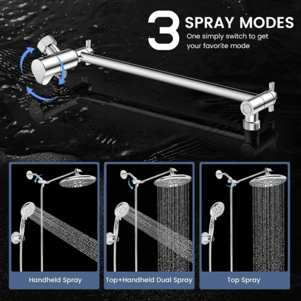 10" High Pressure Shower Head Combo with Handheld Spray, 16 Settings, 11" Adjustable Arm, ON/OFF Pause Switch - Image 7